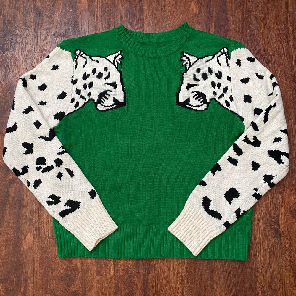 Urban Outfitters Green and Cream Leopard Sweater